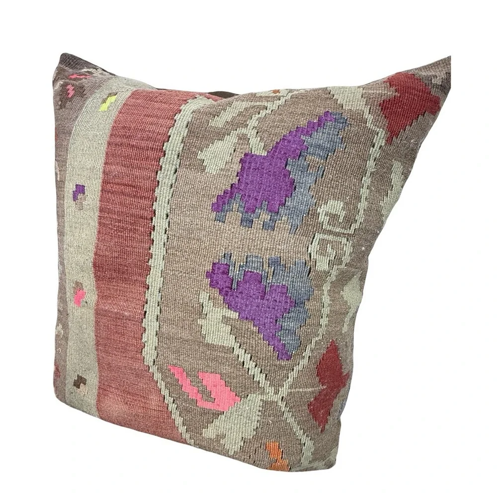 24x24 Vintage Turkish Kilim Wool Pillow Handmade Boho Rug Pillow w/ Insert